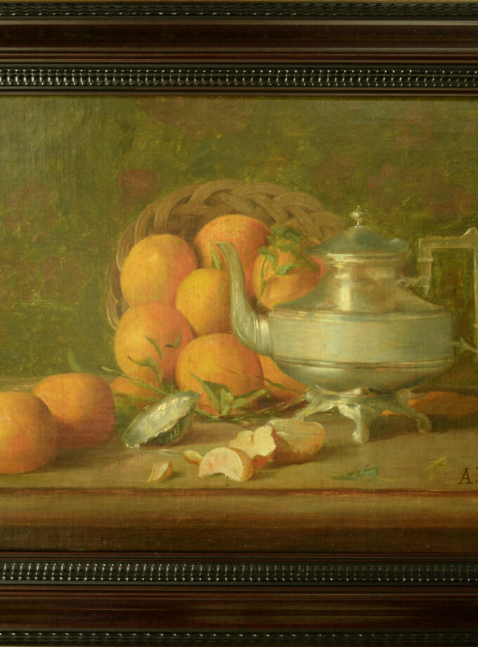 Stilleven met sinaasappelen en theepot